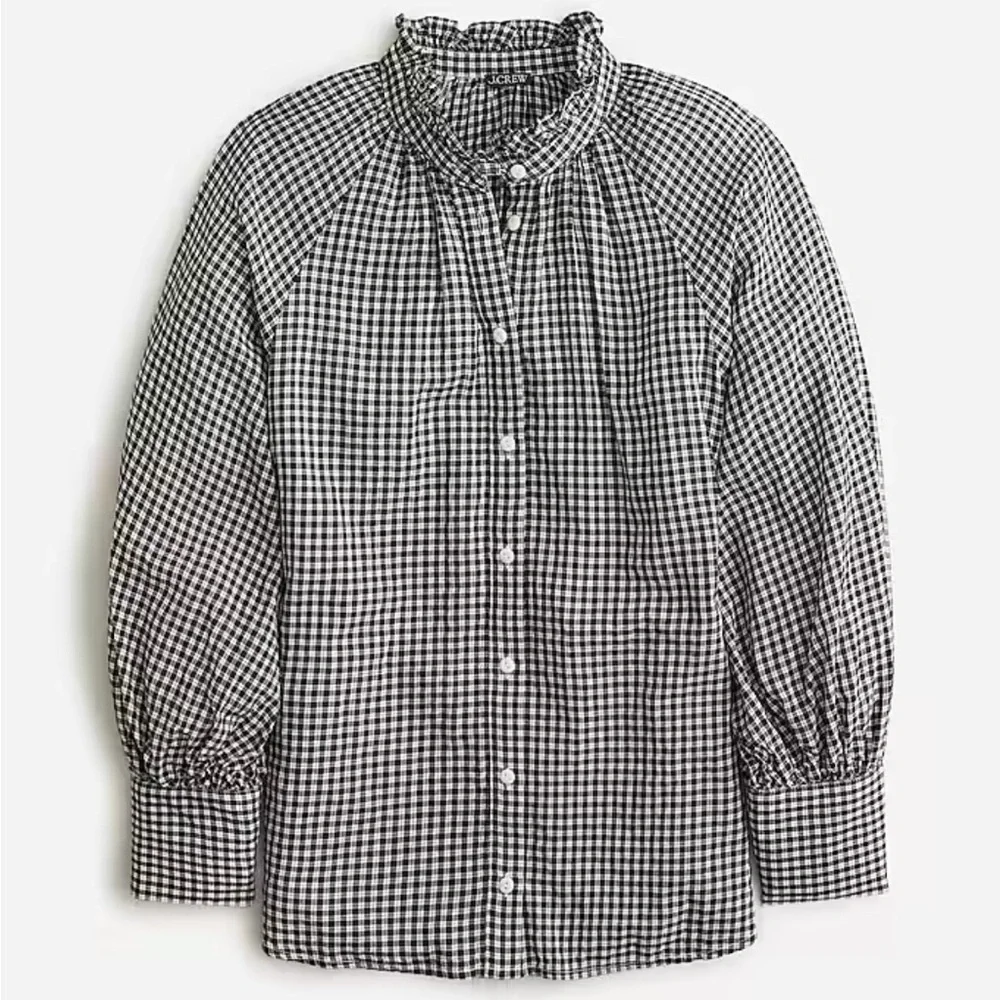 J Crew Ruffle Blouse NWT Black & White Plaid Cotton Blend Cottagecore 10